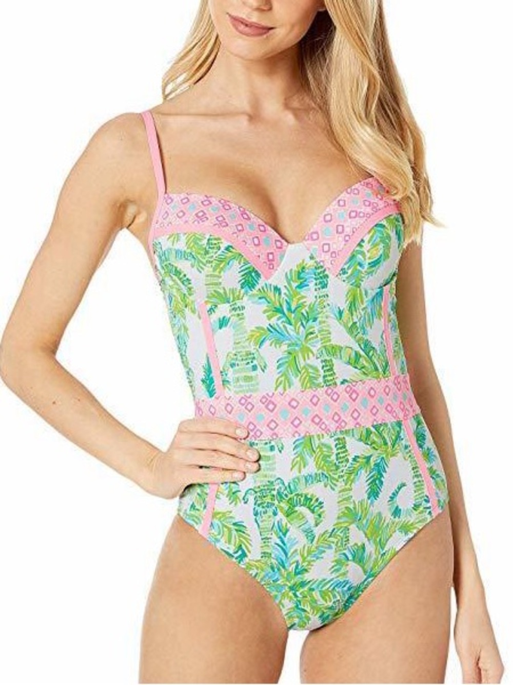 Lilly Pulitzer Palma Fresh Citrus Pink Trim Green Tropical One-Piece Swimsuit 10